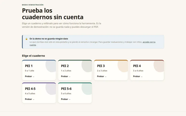 Pantalla de demostración del programa PEI con la lista de cuadernos por edad